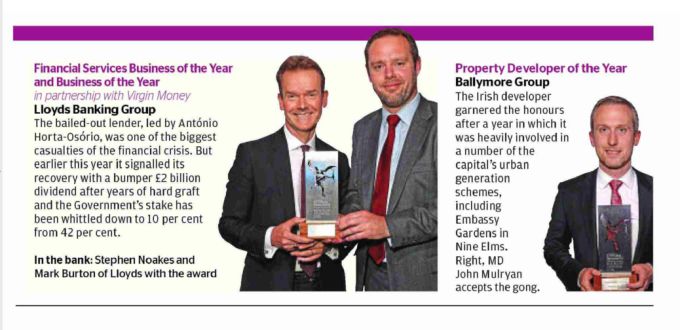 Ballymore named Property Developer of the Year at the Evening Standard Business Awards 